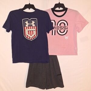 Lot Of 3 Boys Size L ( 10 - 14 ) Clothes Athletic Works Under Armour Messi ect.